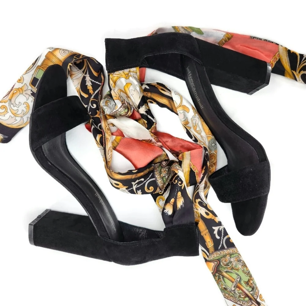Jeffrey Campbell Lindsay Black Suede Scarf Ankle Wrap Open-Toe High Heel Sandals